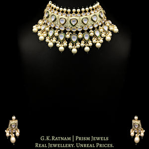 18k Gold and Diamond Polki cream enamel Choker Necklace Set with lustrous shell pearls