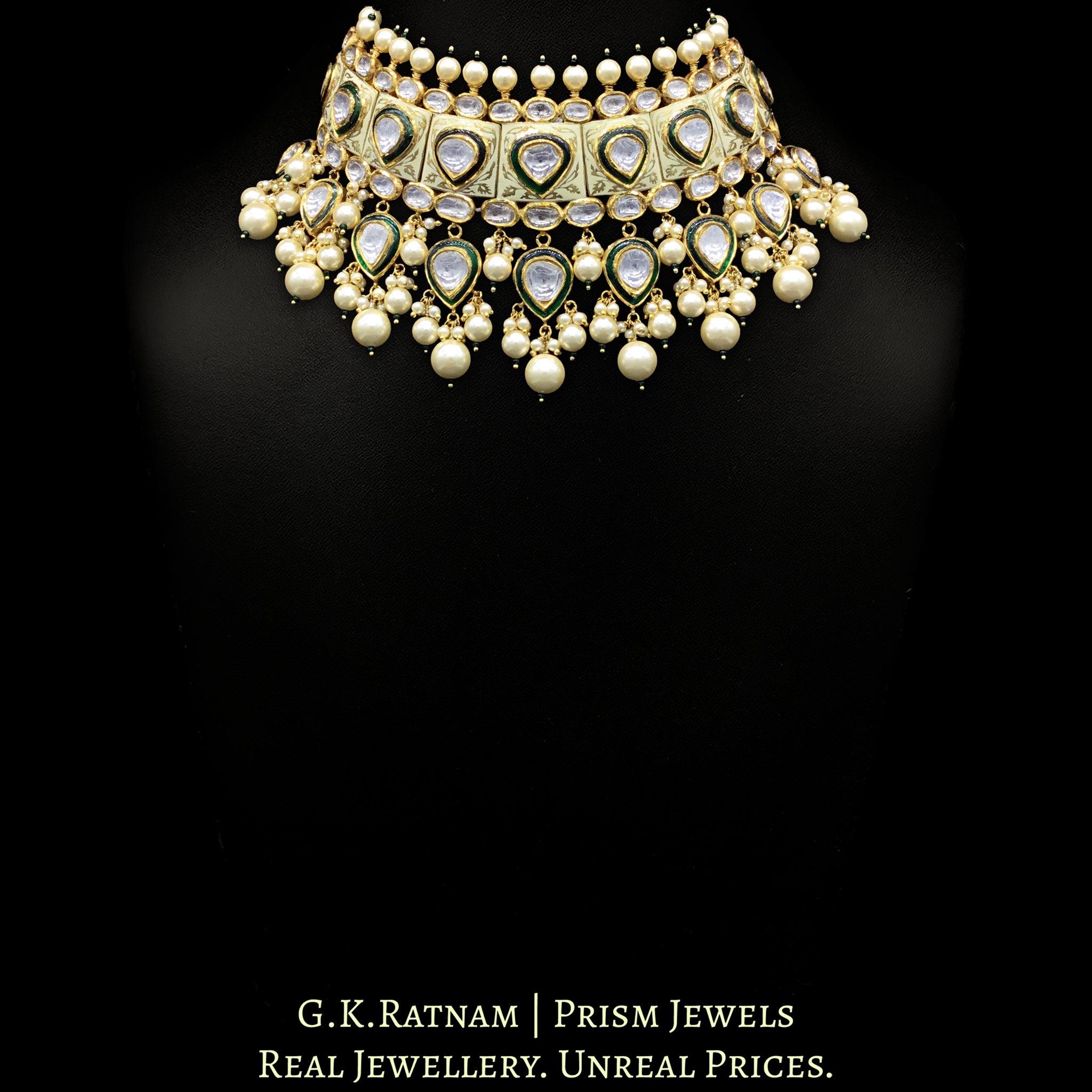 18k Gold and Diamond Polki cream enamel Choker Necklace Set with lustrous shell pearls