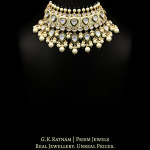 18k Gold and Diamond Polki cream enamel Choker Necklace Set with lustrous shell pearls