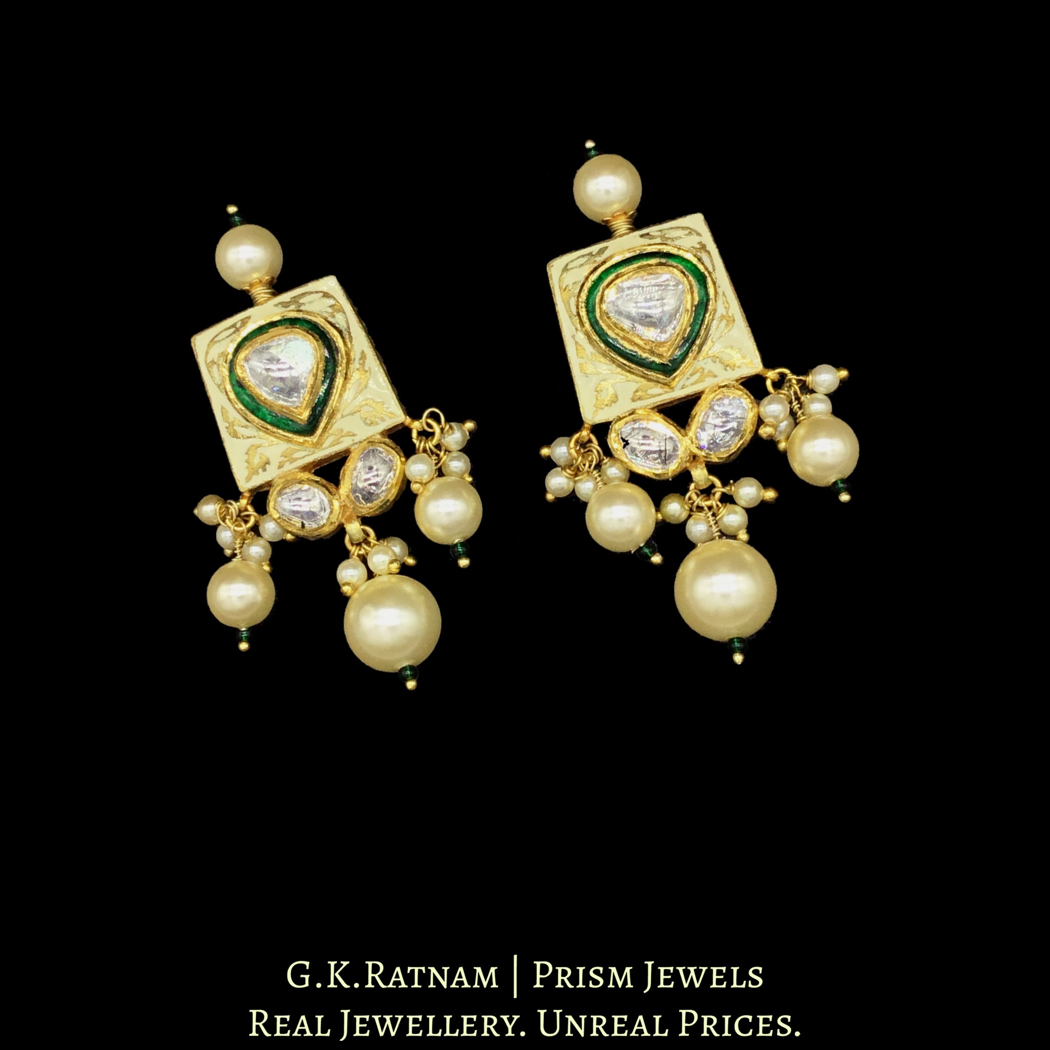 18k Gold and Diamond Polki cream enamel Choker Necklace Set with lustrous shell pearls