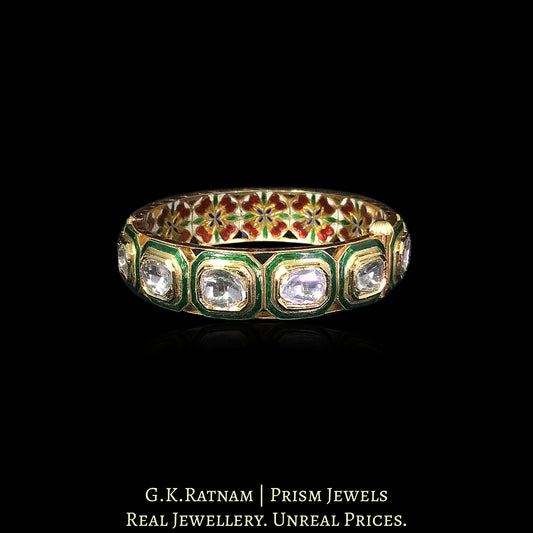 18k Gold and Diamond Polki green-enamel Bangle with Big Uncuts