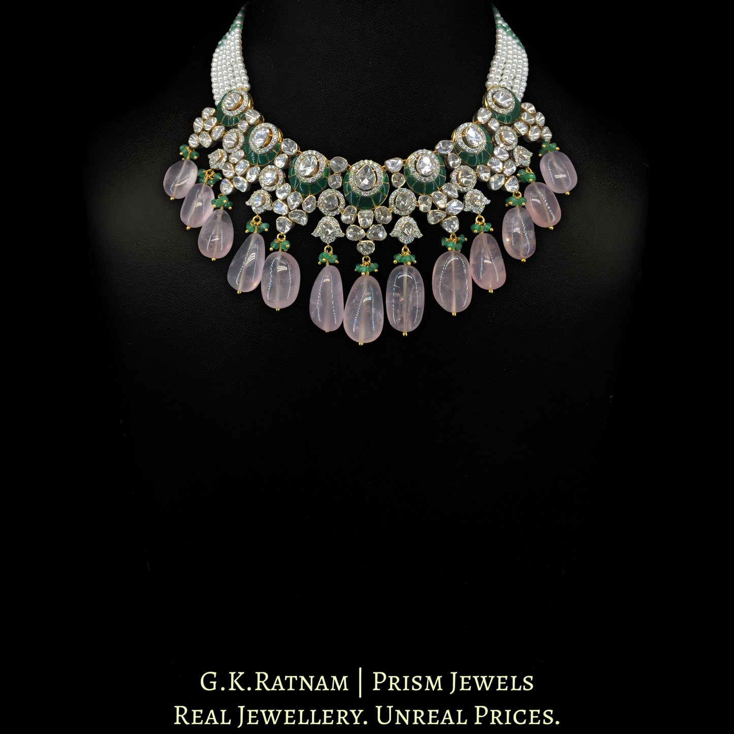 14k Gold and Diamond Polki Open Setting Necklace Set with Rose Quartz