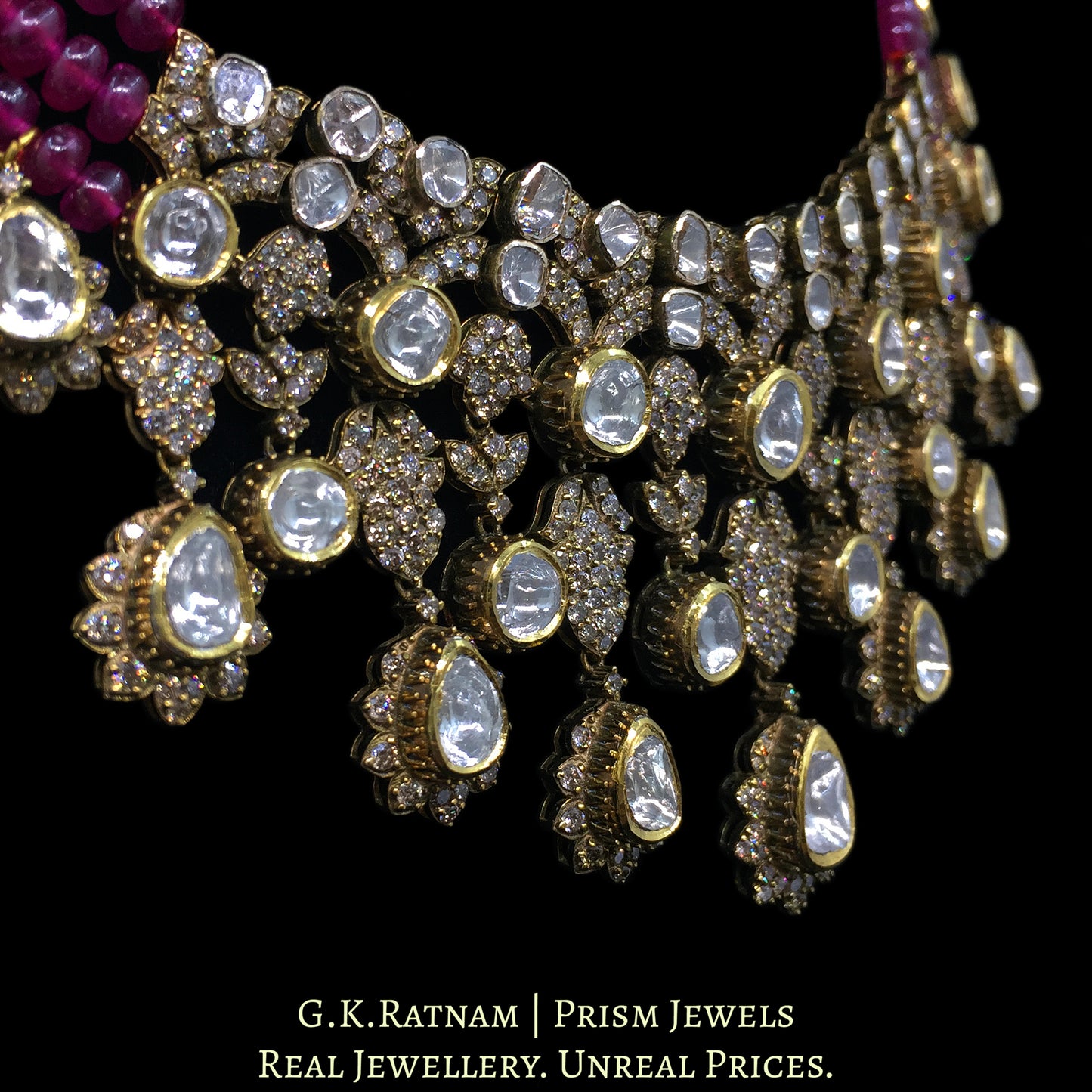 14k Gold and Diamond Polki Open Setting victorian-finish Necklace with Rubies