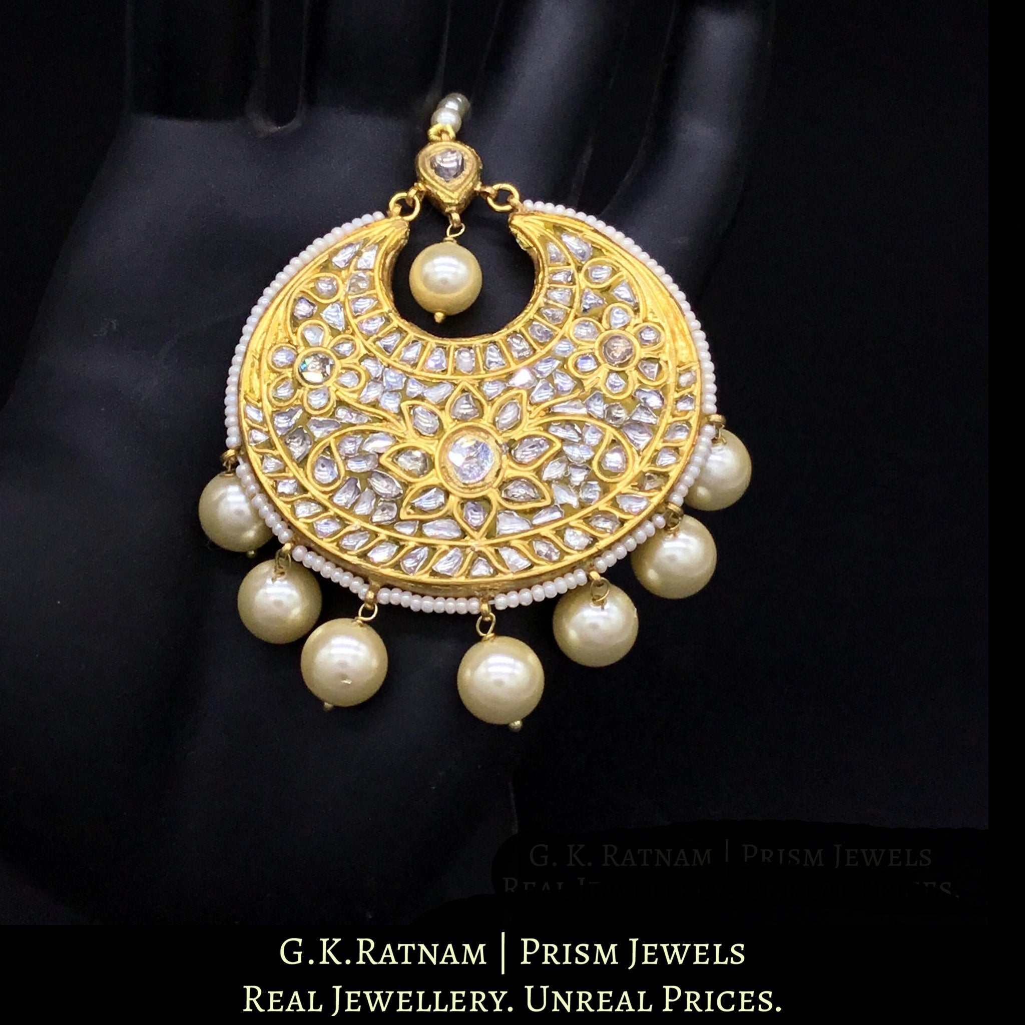 23k Gold and Diamond Polki Maang Tika enhanced with triple-coated shell pearls