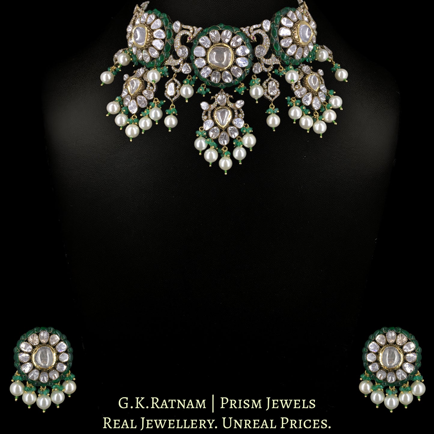 14k Gold and Diamond Polki Open Setting victorian-finish Choker Necklace Set