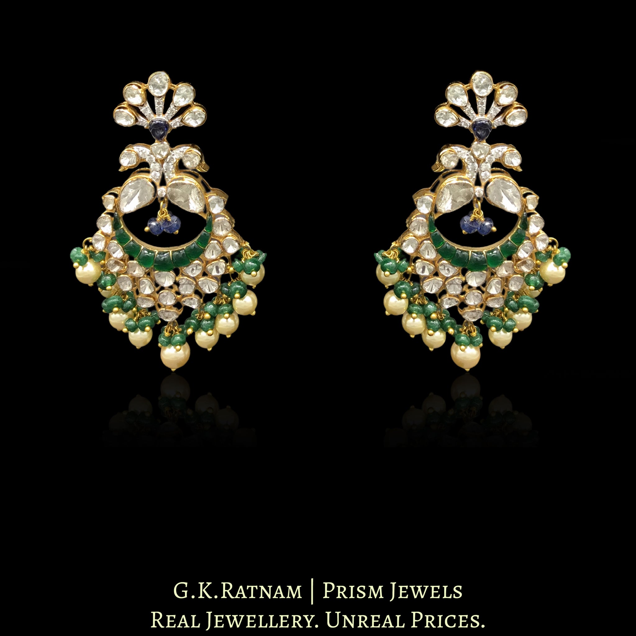 14K Gold and Diamond Polki Open Setting Peacock Chand Bali Earring Pair With Green Beryls and Pearls