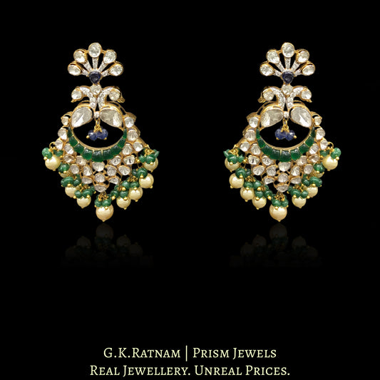 14K Gold and Diamond Polki Open Setting Peacock Chand Bali Earring Pair With Green Beryls and Pearls - G. K. Ratnam