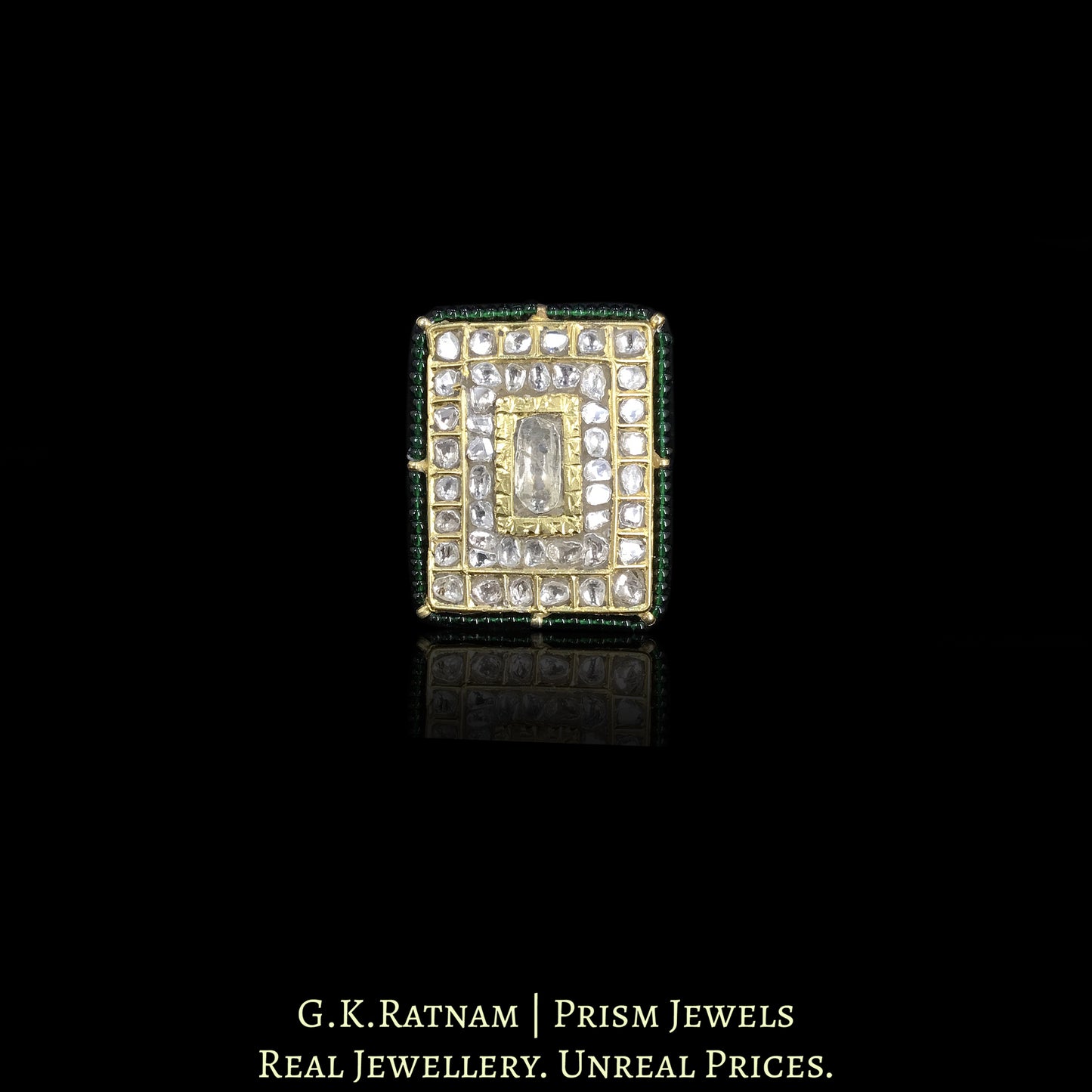 23k Gold and Diamond Polki Rectangle Ring with Big Polki at the center