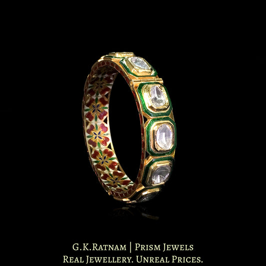 18k Gold and Diamond Polki green-enamel Bangle with Big Uncuts