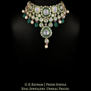 18k Gold and Diamond Polki Choker Necklace Set with emerald-grade Beryls and south-sea-like Pearls