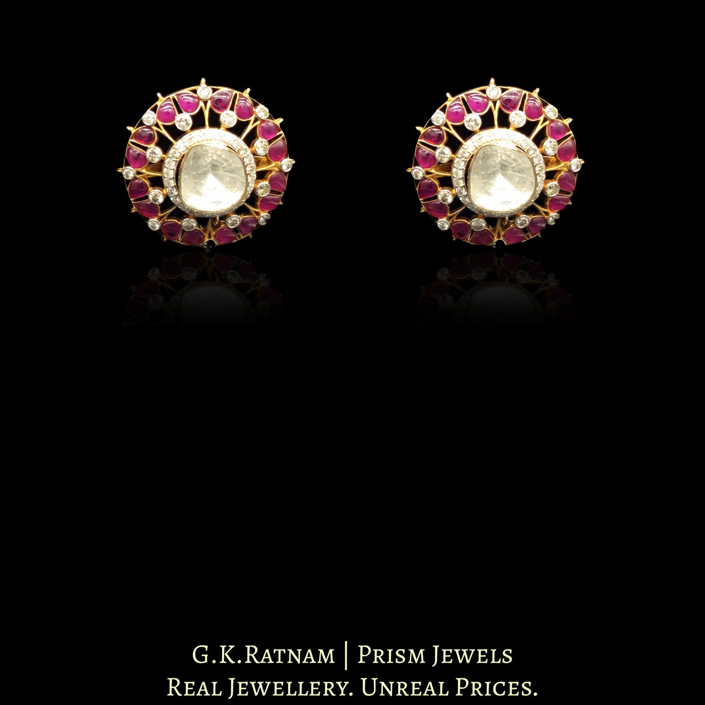 14k Gold and Diamond Polki Open Setting Tops / Studs Earring Pair with Pink Rubies