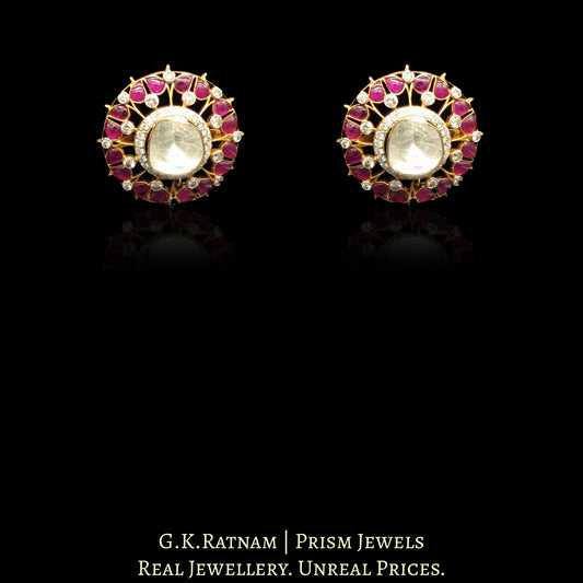 14k Gold and Diamond Polki Open Setting Tops / Studs Earring Pair with Pink Rubies