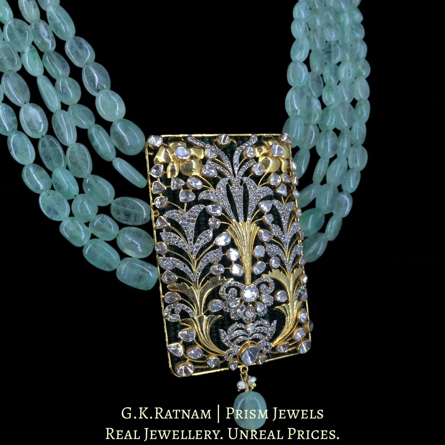 14k Gold and Diamond Polki Open Setting Pendant Set with Natural Emeralds and Fluorites