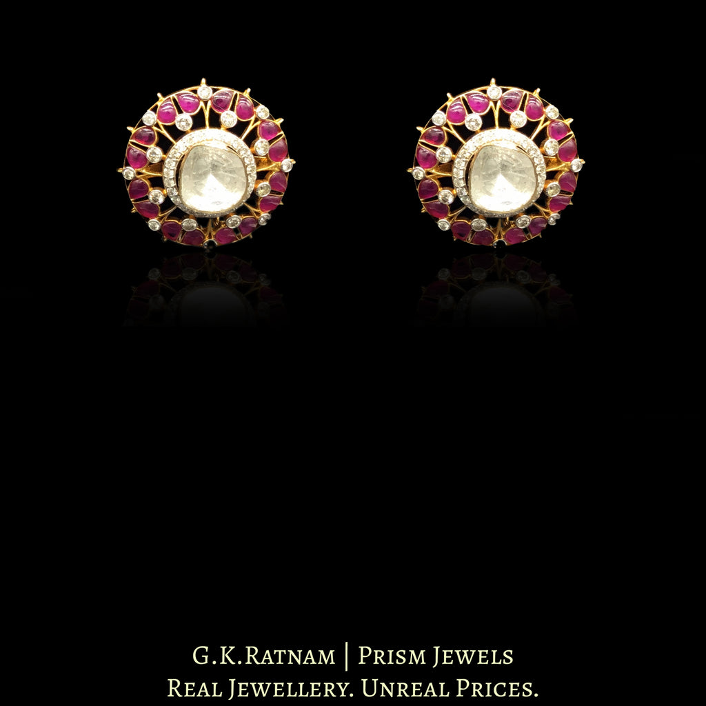 14k Gold and Diamond Polki Open Setting Tops / Studs Earring Pair with Pink Rubies