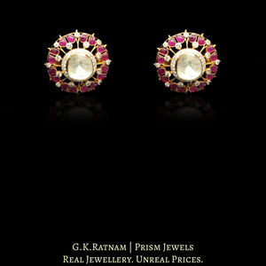 14k Gold and Diamond Polki Open Setting Tops / Studs Earring Pair with Pink Rubies