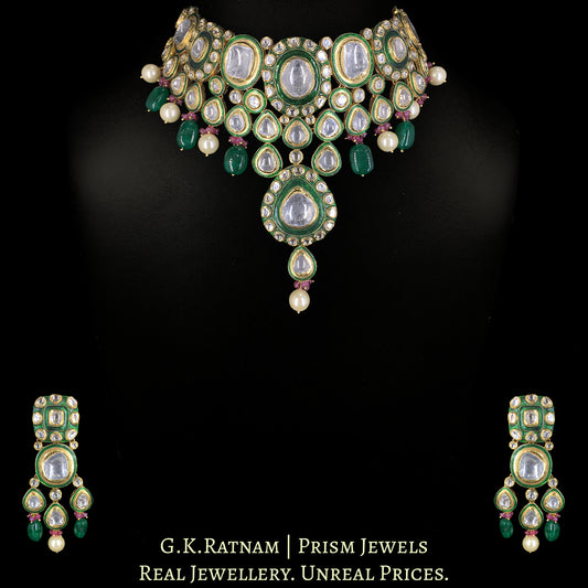 18k Gold and Diamond Polki Choker Necklace Set with emerald-grade Beryls and south-sea-like Pearls