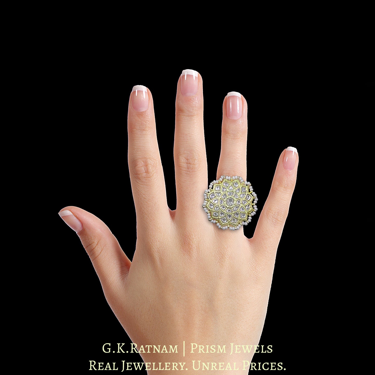 23k Gold and Diamond Polki Floral Ring with Chid Pearl Rimming