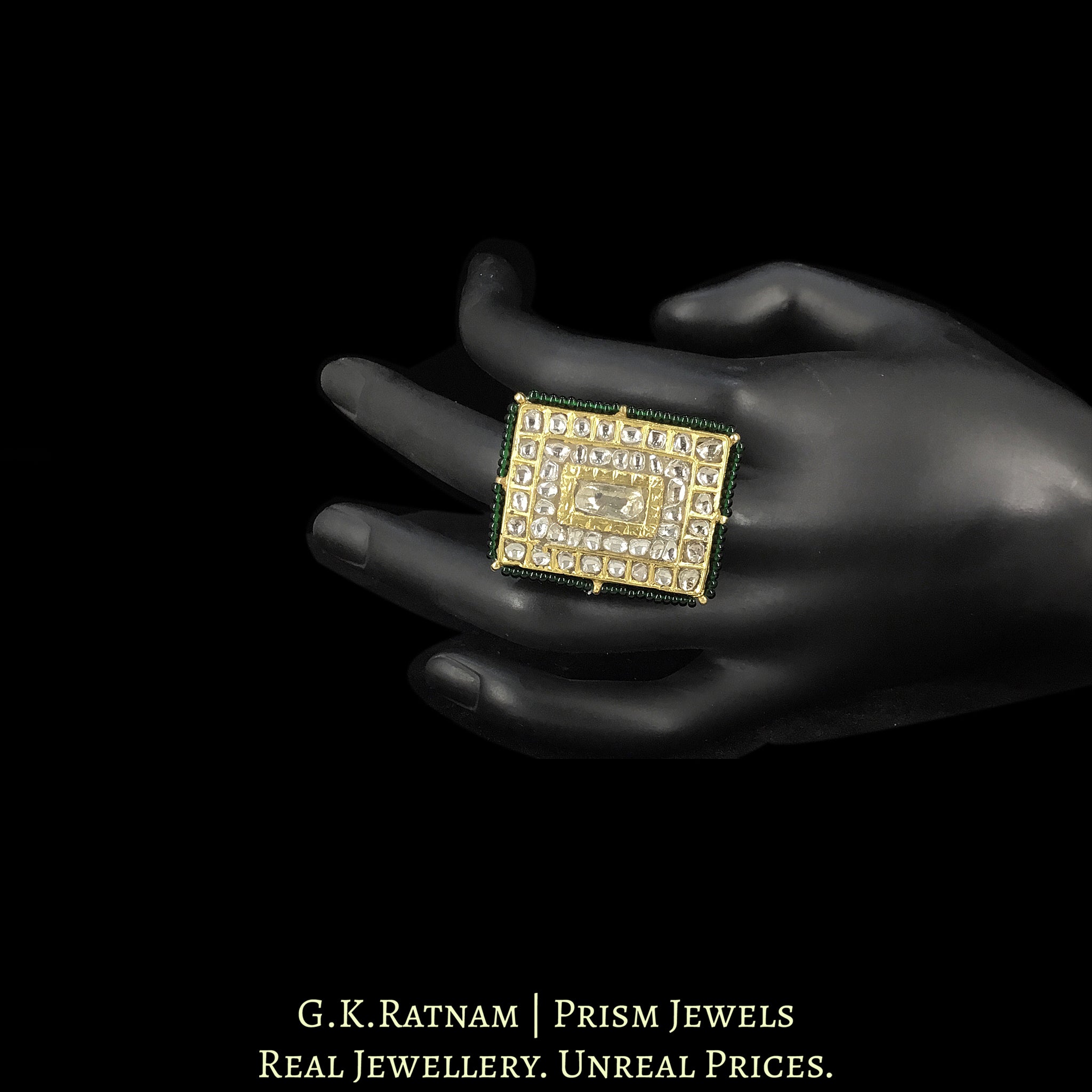 23k Gold and Diamond Polki Rectangle Ring with Big Polki at the center