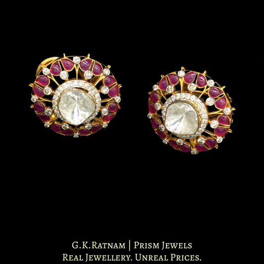 14k Gold and Diamond Polki Open Setting Tops / Studs Earring Pair with Pink Rubies