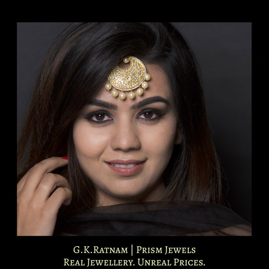 23k Gold and Diamond Polki Maang Tika enhanced with triple-coated shell pearls