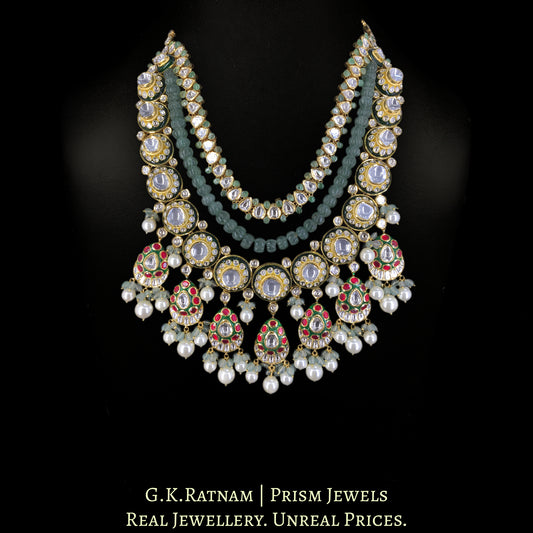 18k Gold and Diamond Polki Long Necklace Set with Pearls and Strawberry Quartz