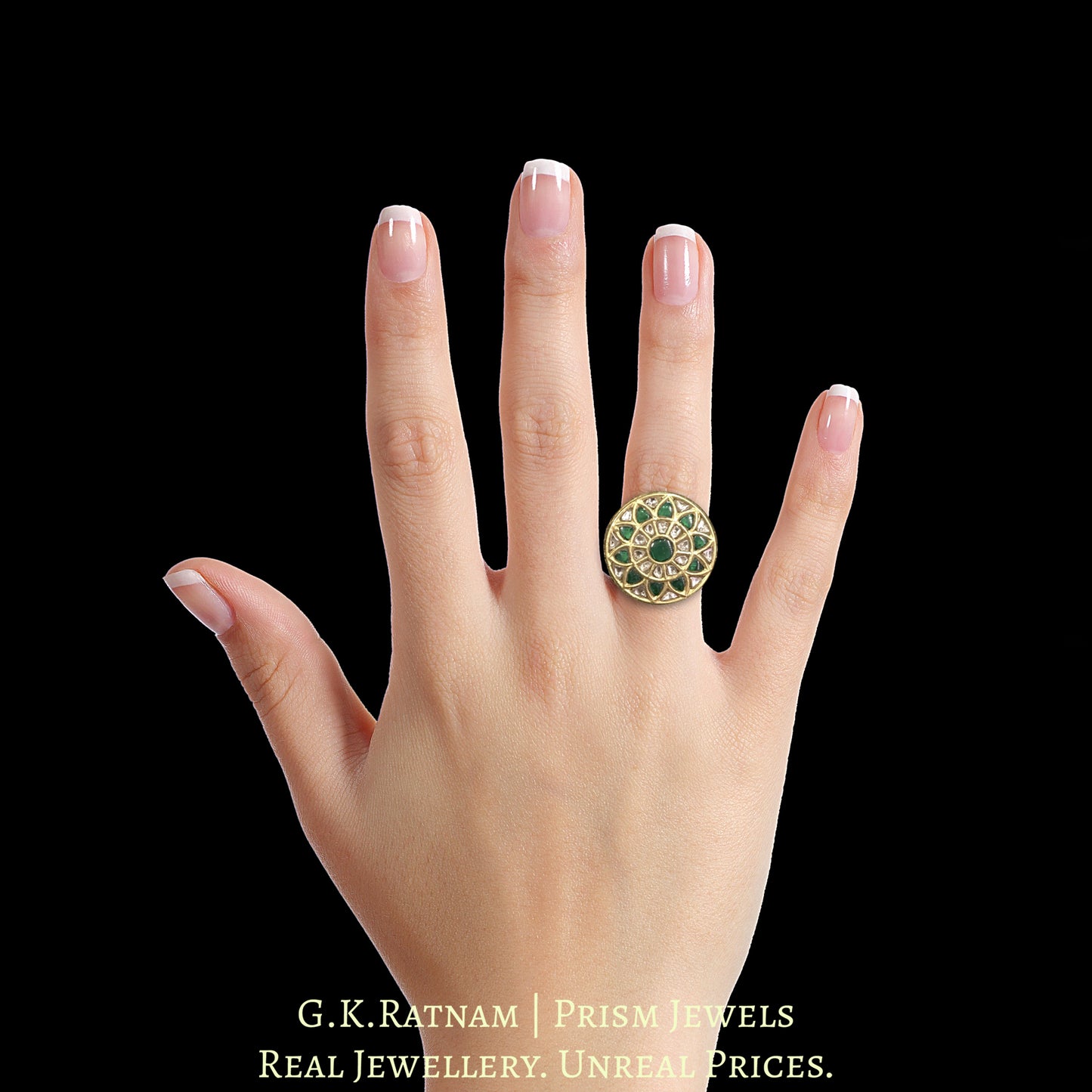 23k Gold and Diamond Polki Round Ring with emerald-grade Green Stones