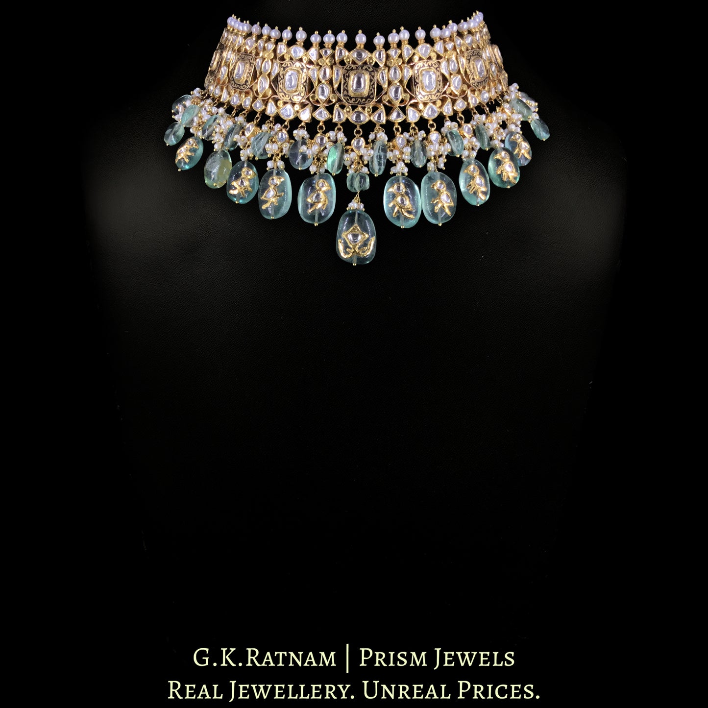 18k Gold and Diamond Polki Choker Necklace strung in Fluorites with intricately set Polkies