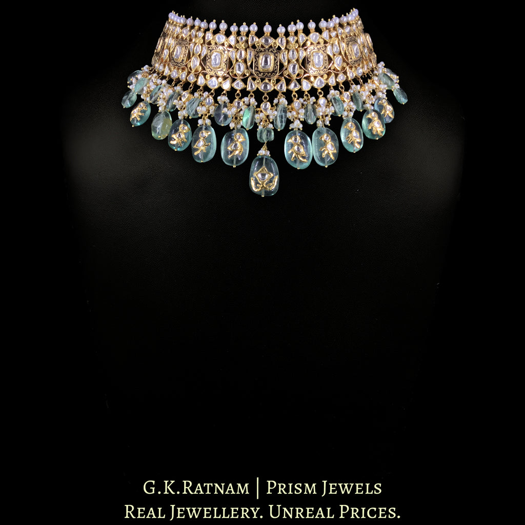 18k Gold and Diamond Polki Choker Necklace strung in Fluorites with intricately set Polkies