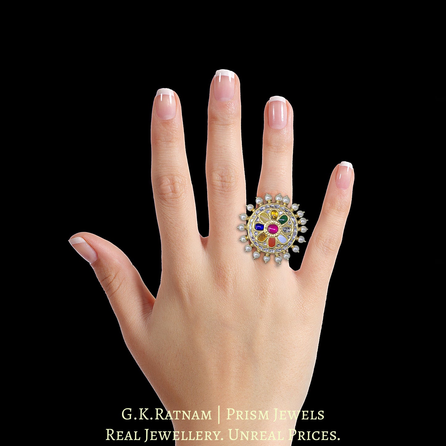 23k Gold and Diamond Polki Navratna Ring with Pearl Spikes - G. K. Ratnam