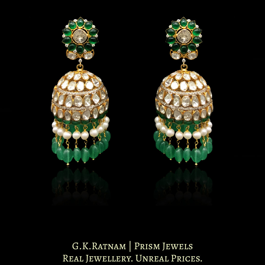 14K Gold and Diamond Polki Open Setting Jhumki Earrings with emerald-green stones