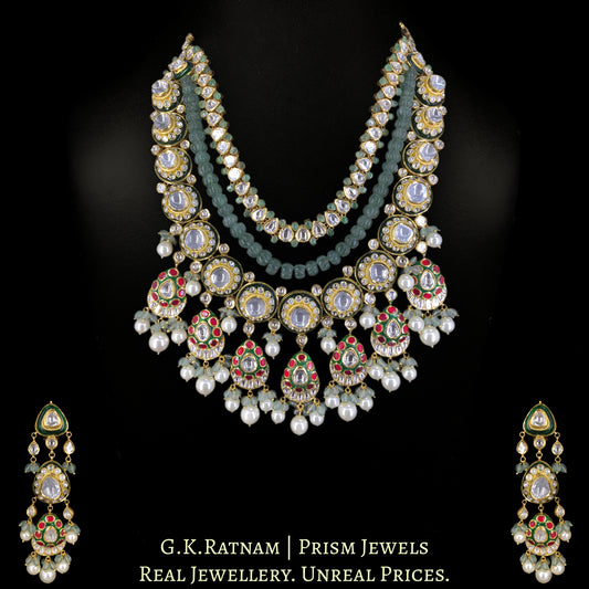 18k Gold and Diamond Polki Long Necklace Set with Pearls and Strawberry Quartz