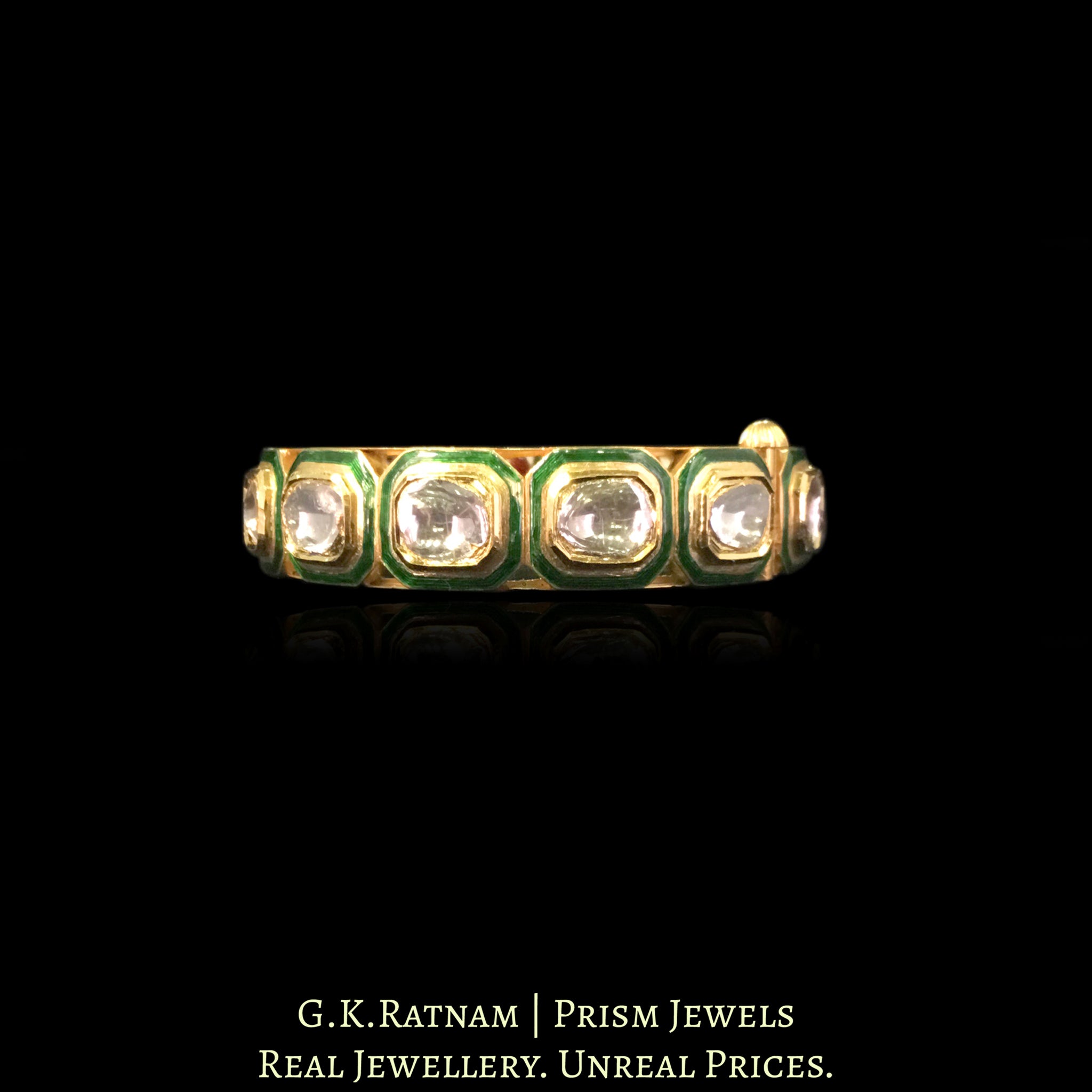 18k Gold and Diamond Polki green-enamel Bangle with Big Uncuts