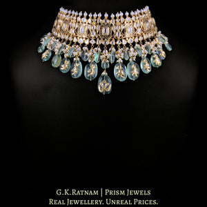 18k Gold and Diamond Polki Choker Necklace strung in Fluorites with intricately set Polkies