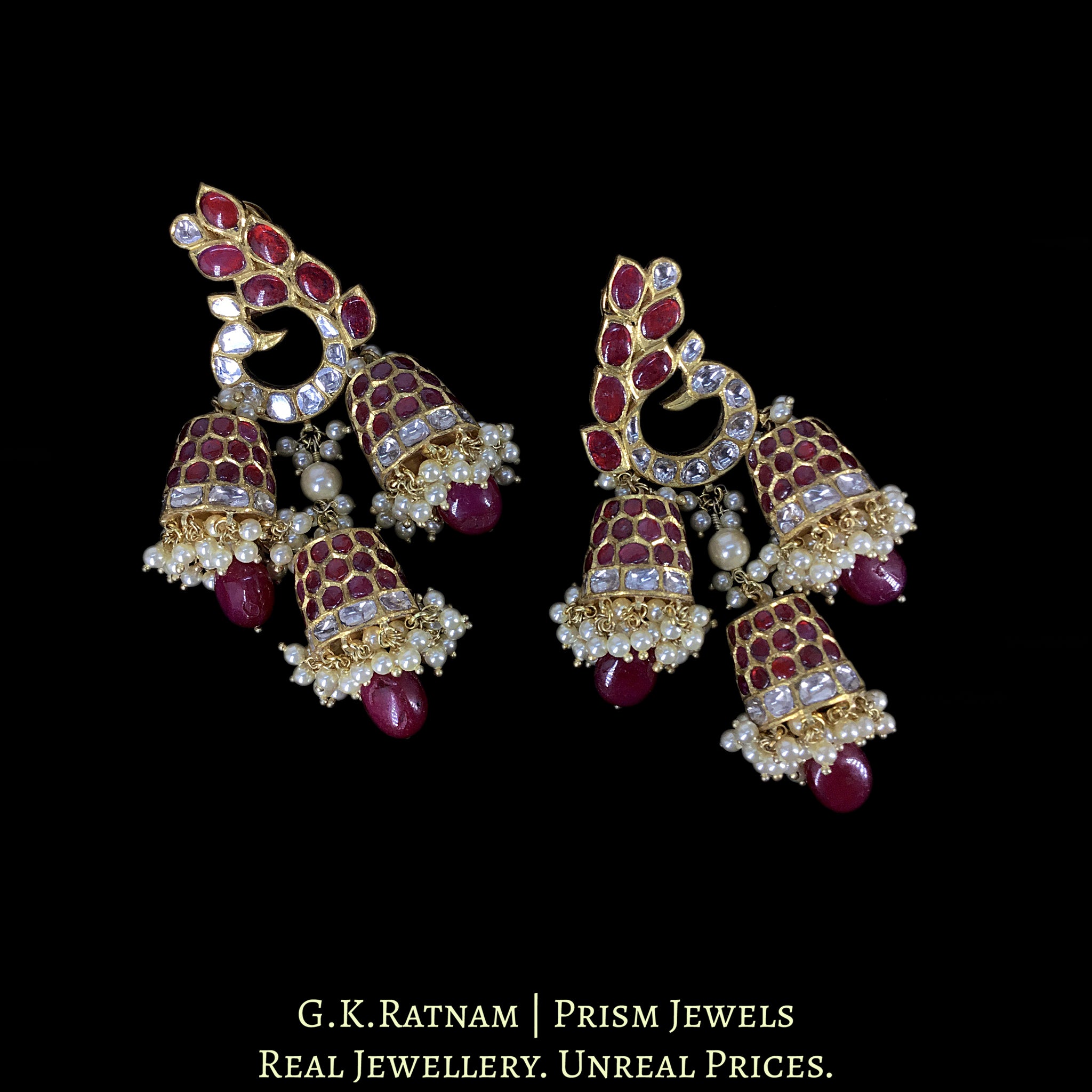 18k Gold and Diamond Polki Peacock-Karanphool Three-Jhumki Earring Pair with Rubies