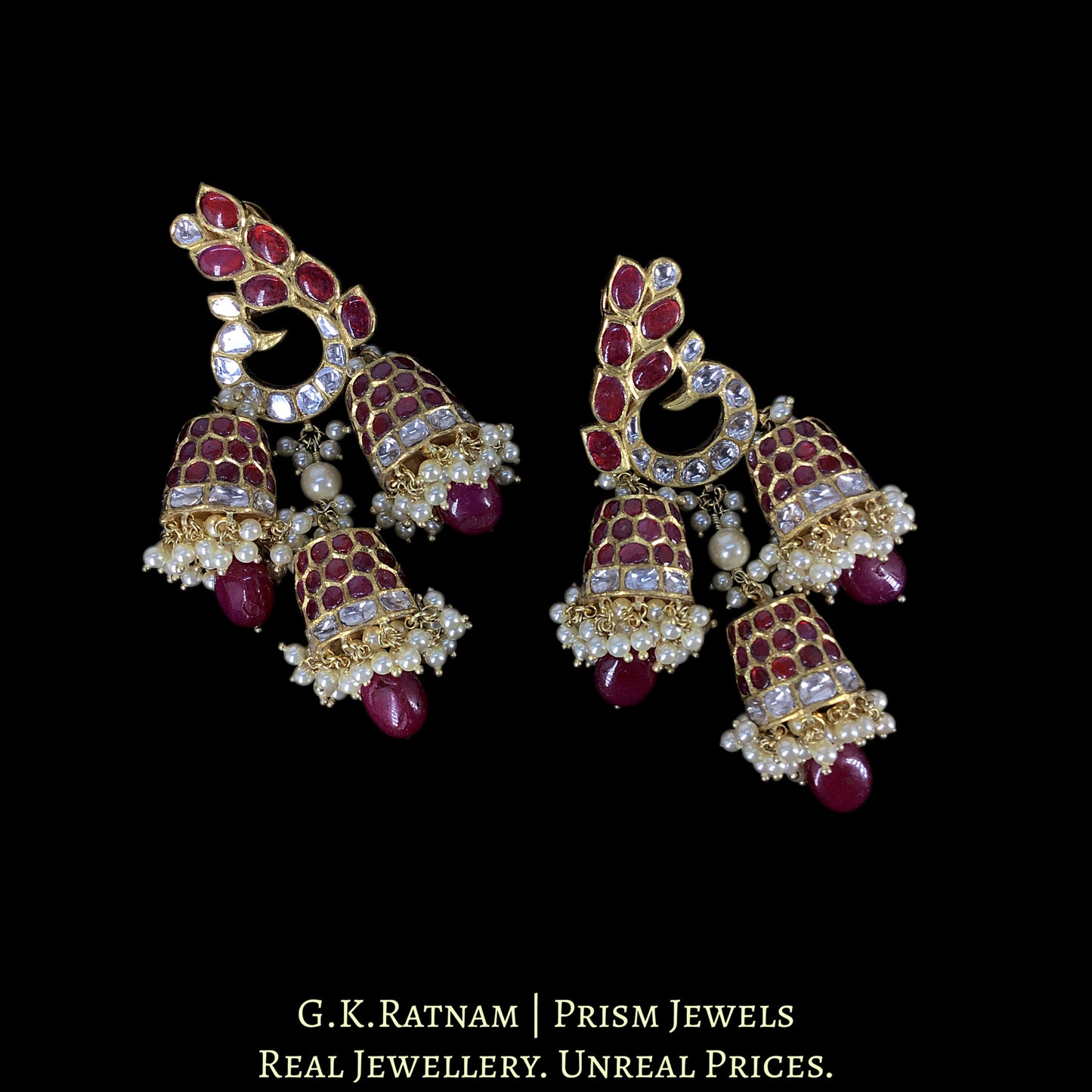 18k Gold and Diamond Polki Peacock-Karanphool Three-Jhumki Earring Pair with Rubies - G. K. Ratnam