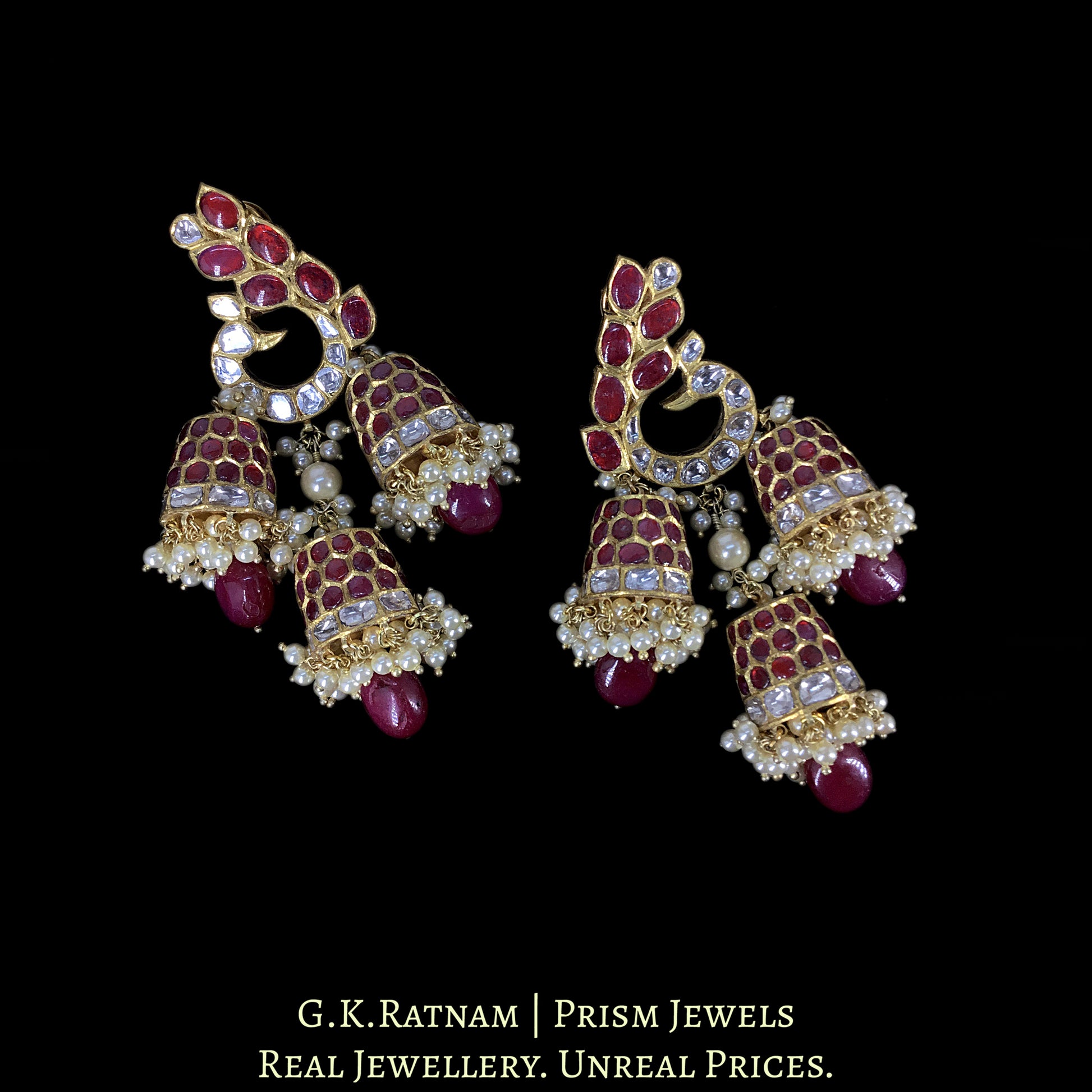 18k Gold and Diamond Polki Peacock-Karanphool Three-Jhumki Earring Pair with Rubies - G. K. Ratnam