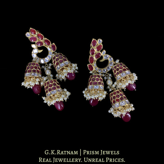 18k Gold and Diamond Polki Peacock-Karanphool Three-Jhumki Earring Pair with Rubies - G. K. Ratnam
