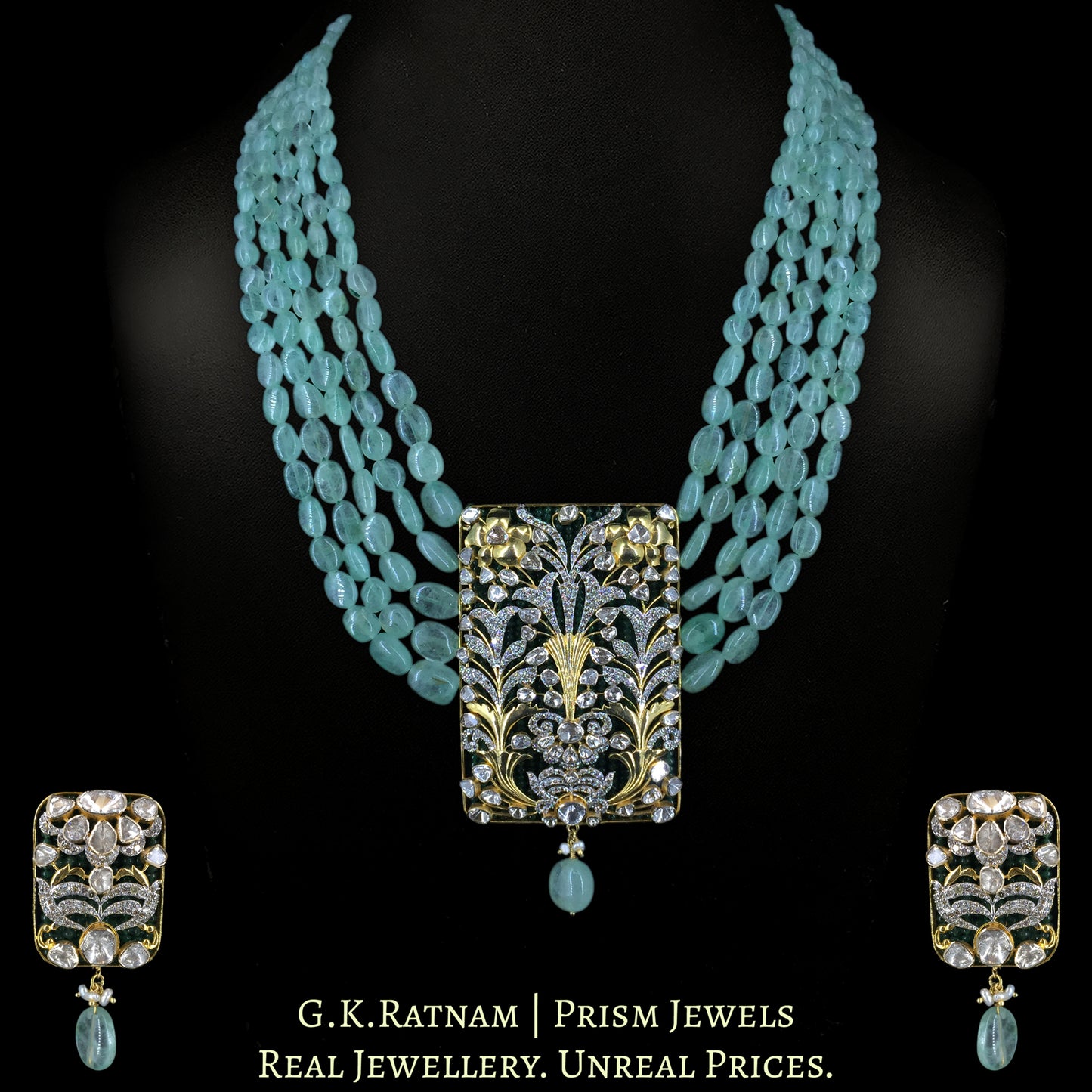 14k Gold and Diamond Polki Open Setting Pendant Set with Natural Emeralds and Fluorites
