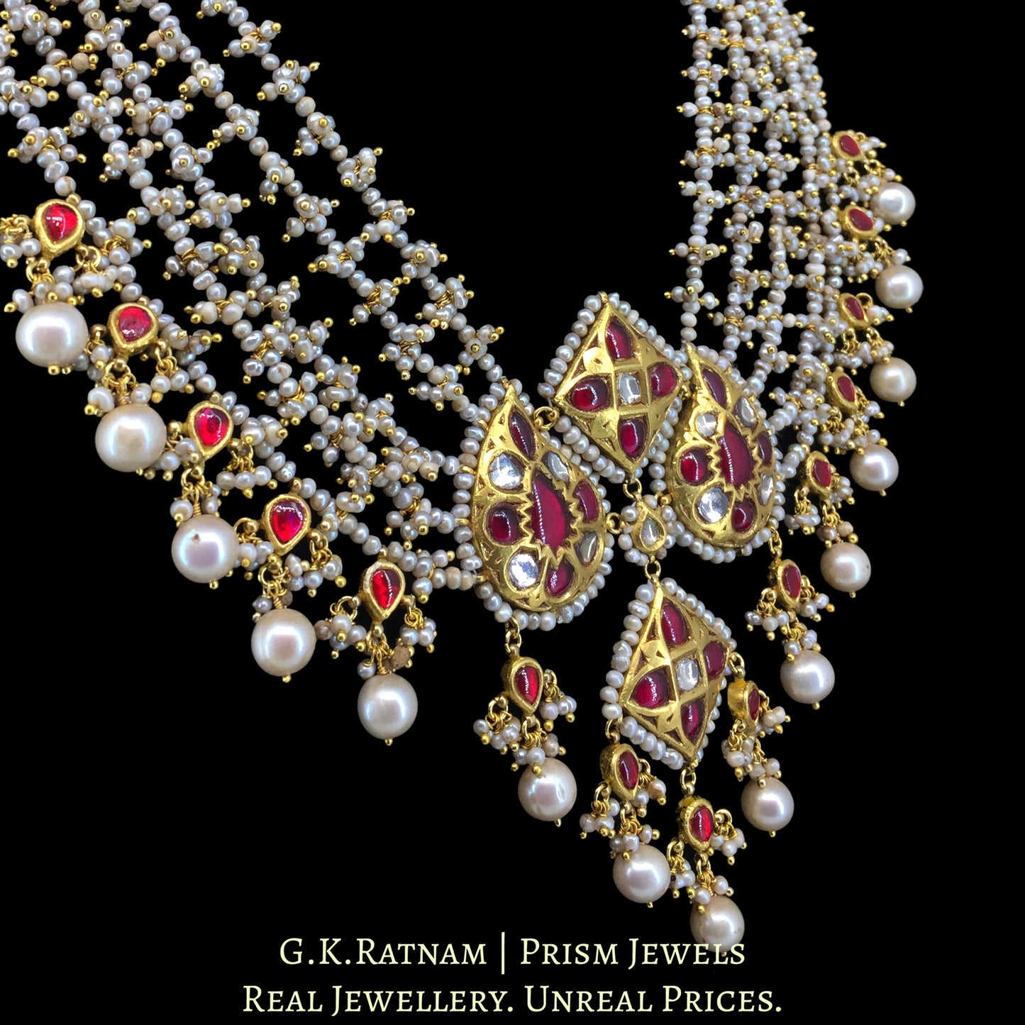 23k Gold and Diamond Polki Necklace Set with Antiqued Freshwater Pearls - G. K. Ratnam