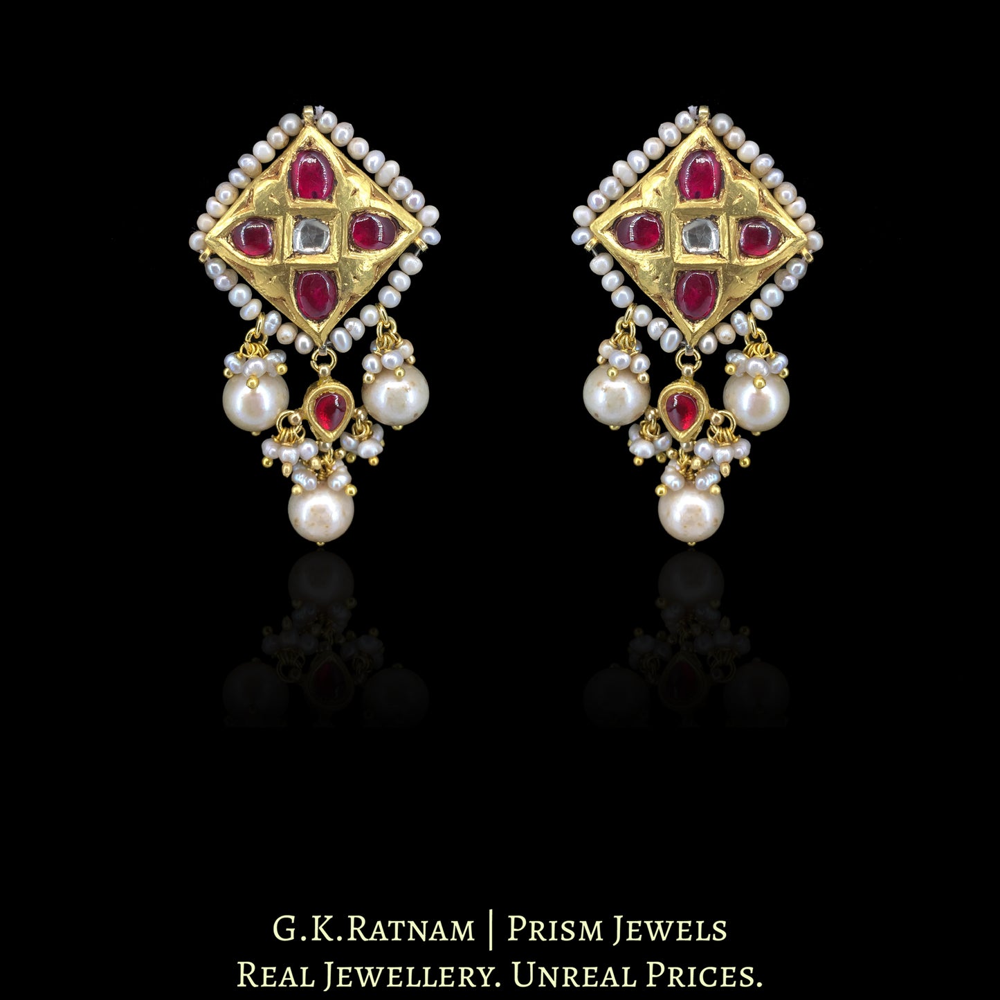 23k Gold and Diamond Polki Necklace Set with Antiqued Freshwater Pearls - G. K. Ratnam