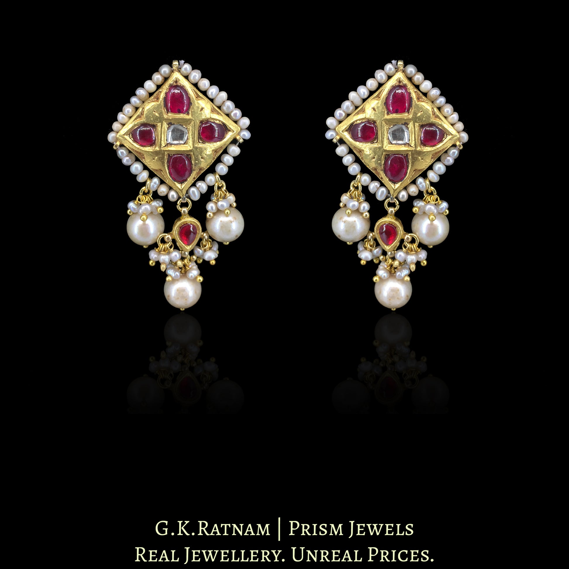 23k Gold and Diamond Polki Necklace Set with Antiqued Freshwater Pearls - G. K. Ratnam