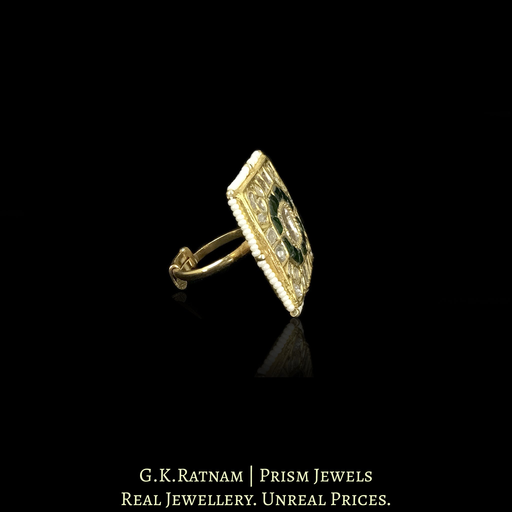 23k Gold and Diamond Polki Square Ring with Big Polki at the center