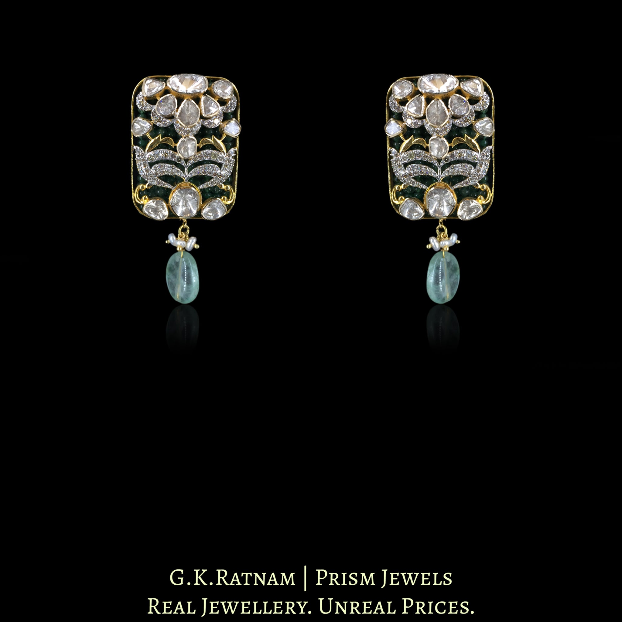14k Gold and Diamond Polki Open Setting Pendant Set with Natural Emeralds and Fluorites