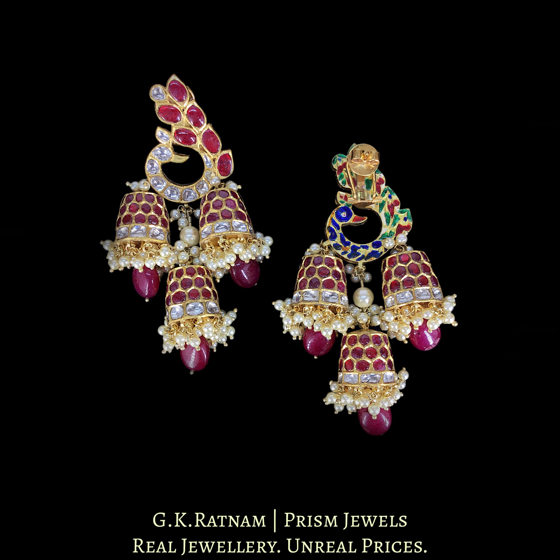 18k Gold and Diamond Polki Peacock-Karanphool Three-Jhumki Earring Pair with Rubies - G. K. Ratnam
