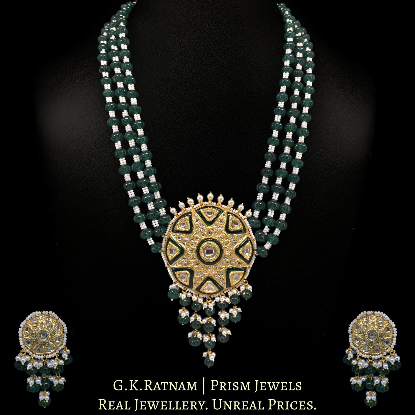 23k Gold and Diamond Polki Pendant Set with emerald-green Beryls - G. K. Ratnam