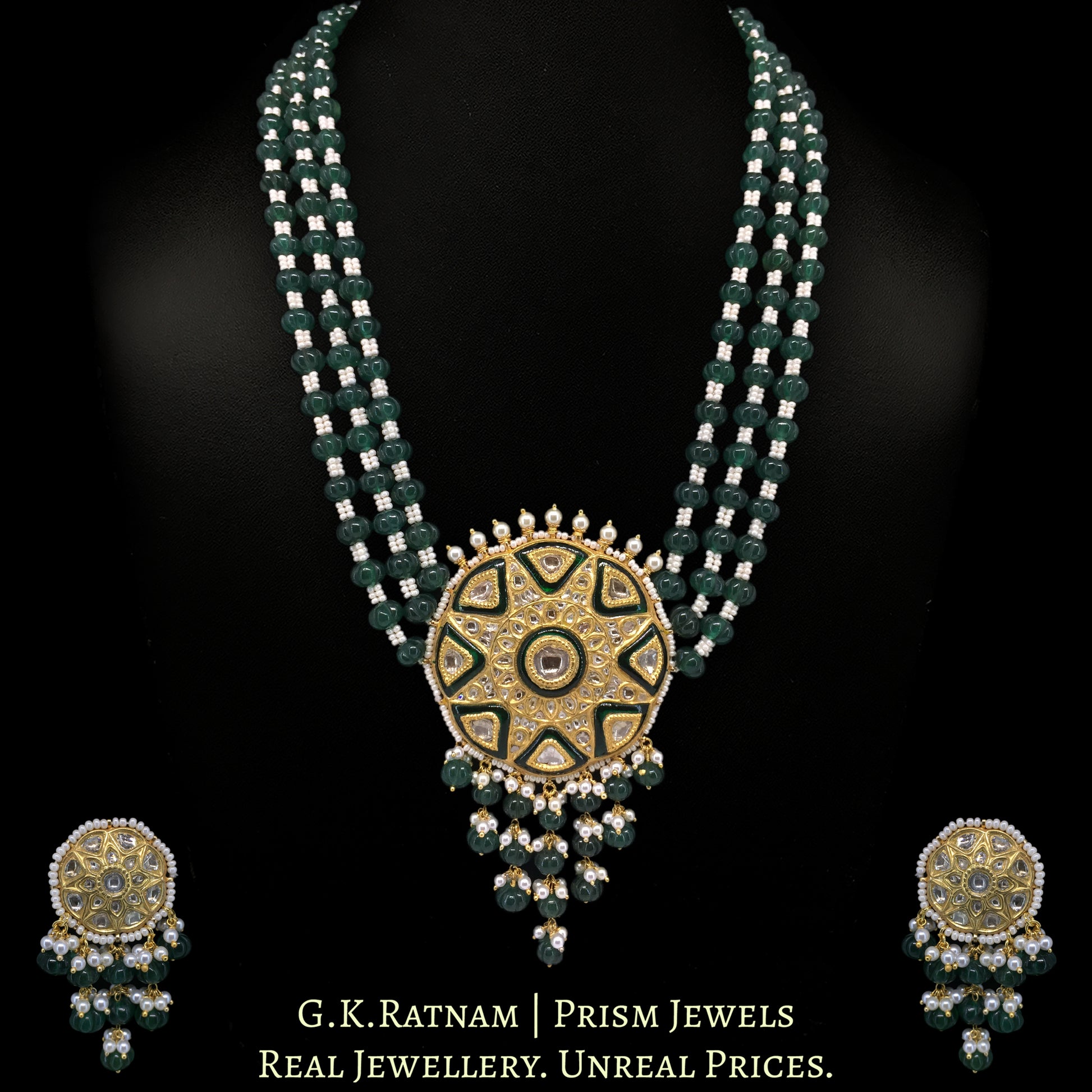 23k Gold and Diamond Polki Pendant Set with emerald-green Beryls - G. K. Ratnam