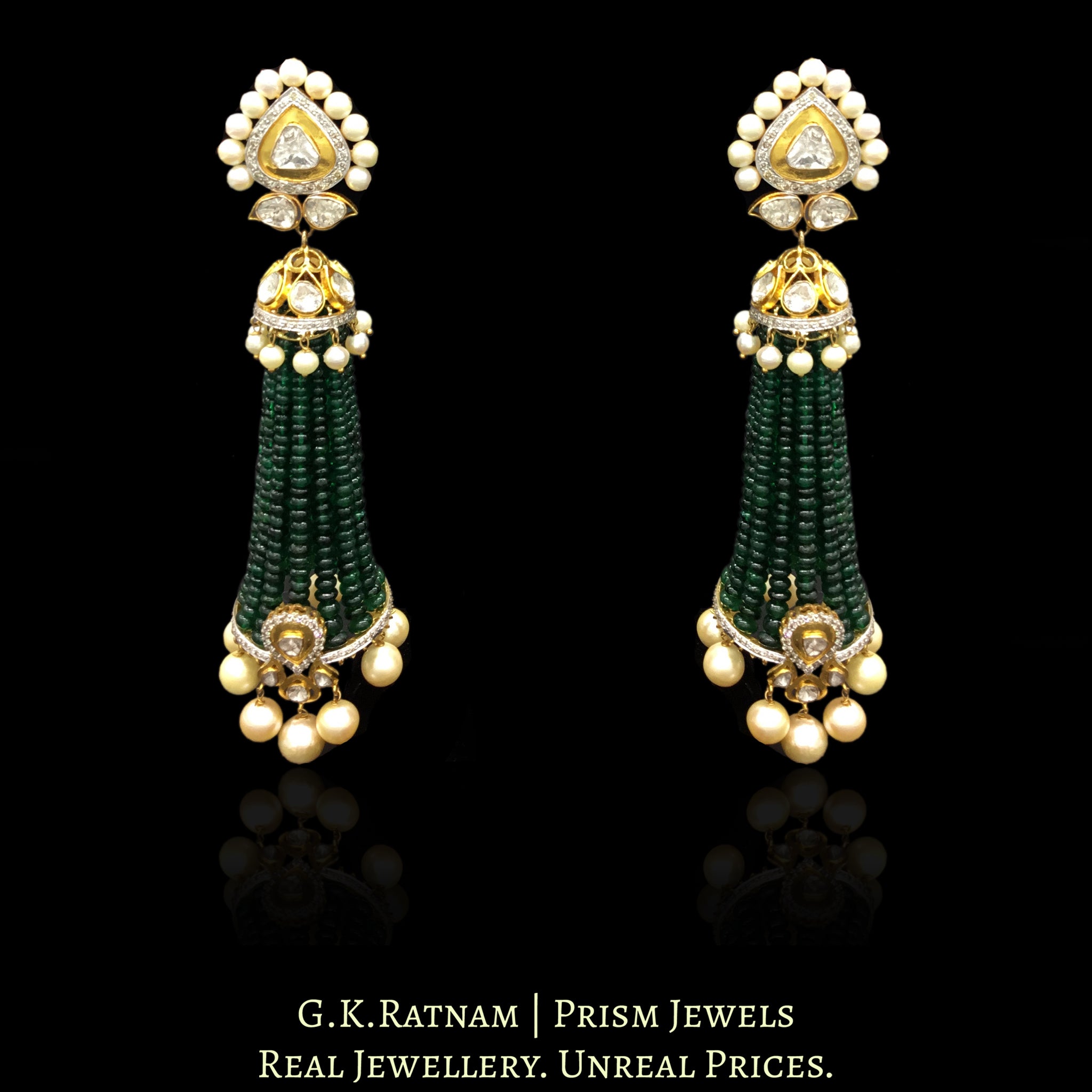 14k Gold and Diamond Polki Open Setting Long Jhumki Earring Pair With Emerald-Grade Green Beryls