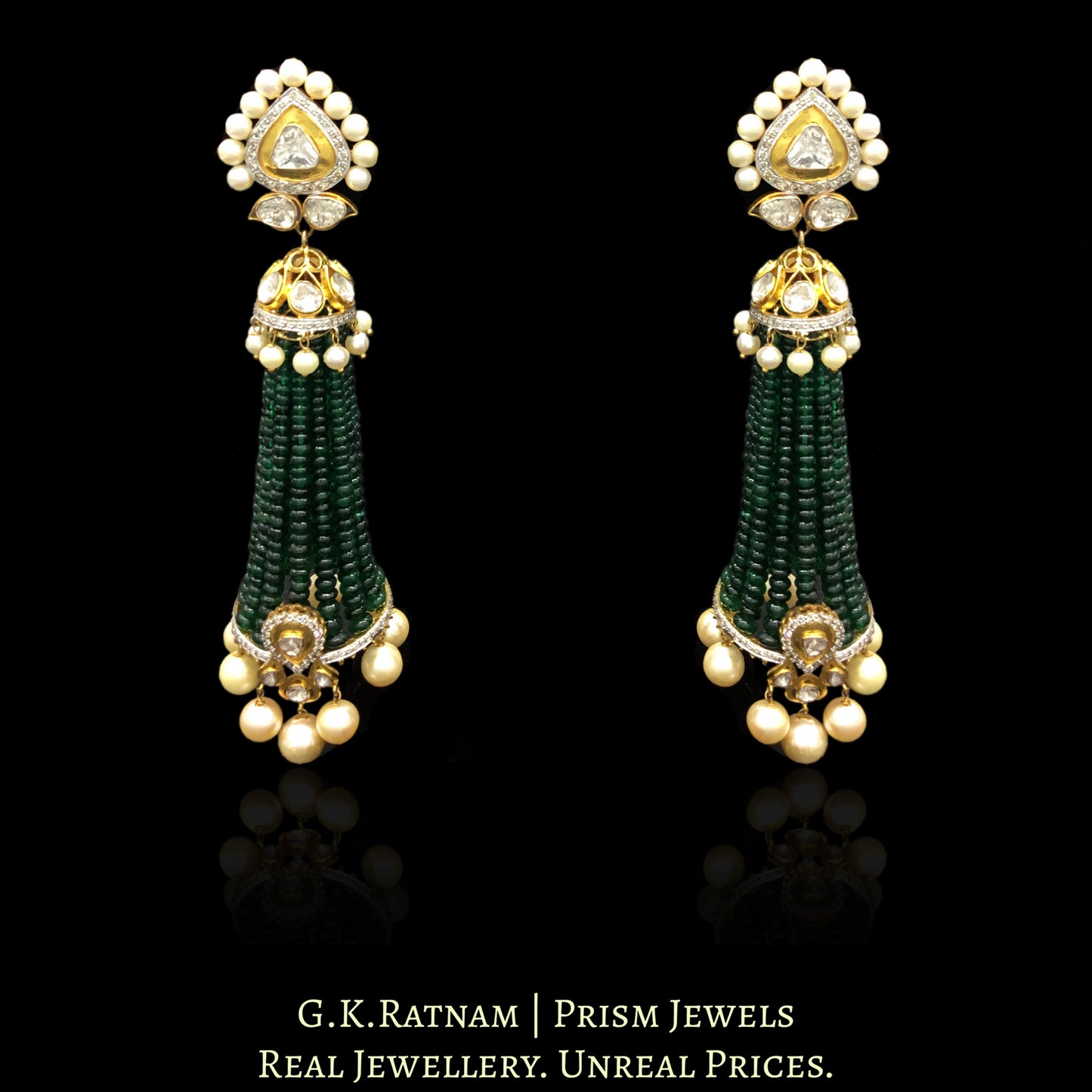 14k Gold and Diamond Polki Open Setting Long Jhumki Earring Pair With Emerald-Grade Green Beryls - G. K. Ratnam