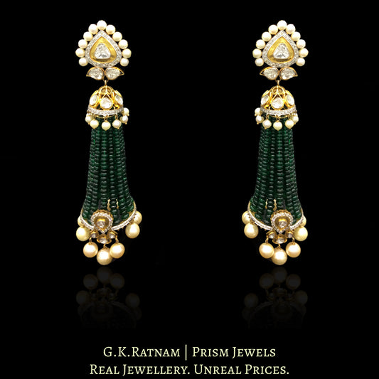 14k Gold and Diamond Polki Open Setting Long Jhumki Earring Pair With Emerald-Grade Green Beryls - G. K. Ratnam