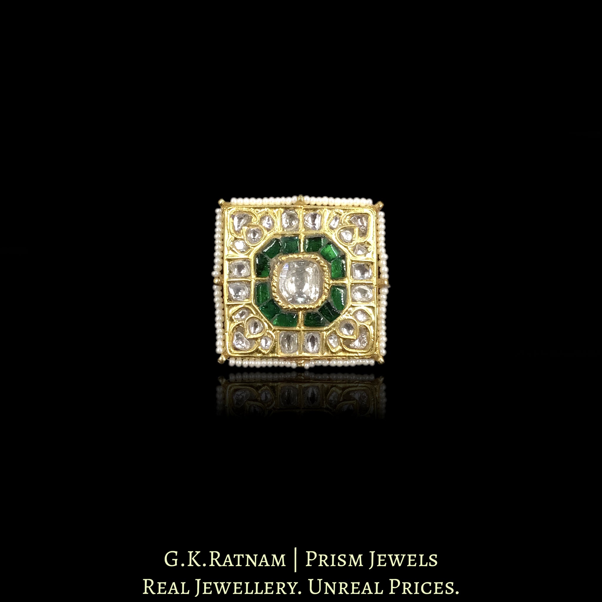 23k Gold and Diamond Polki Square Ring with Big Polki at the center